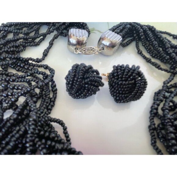 Vintage 1960s Black glass Seed Bead 12 Strand Necklace Cluster Earrings Set - Picture 2 of 14